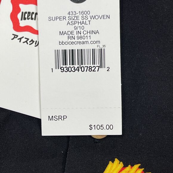 Ice Cream Hawaiian Shirt Boys 9/10 Black French Fry Print Rayon Logo Button Up - Picture 8 of 10